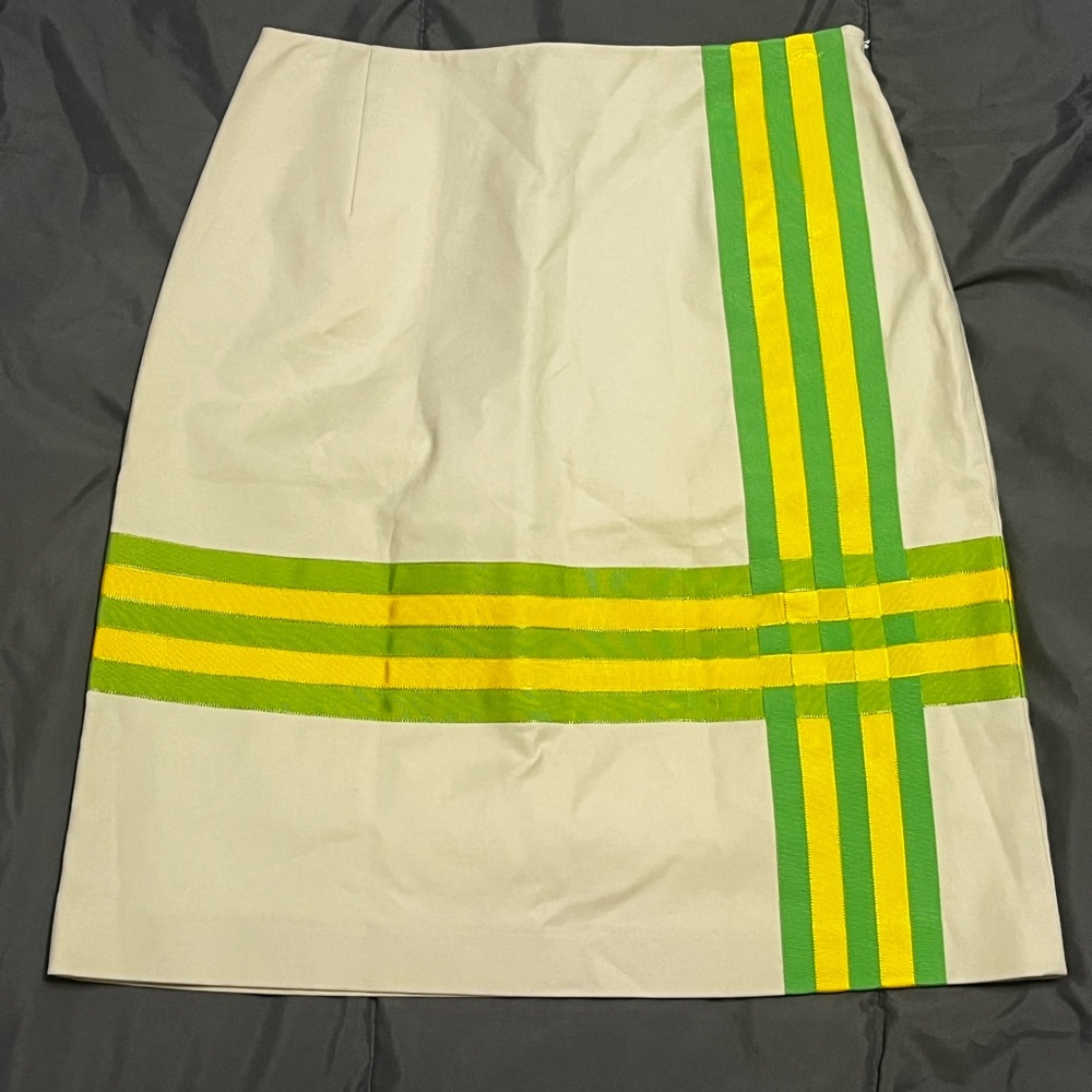 New J.McLaughlin Cream Yellow and Green Ribbon Skirt Preppy Size 4